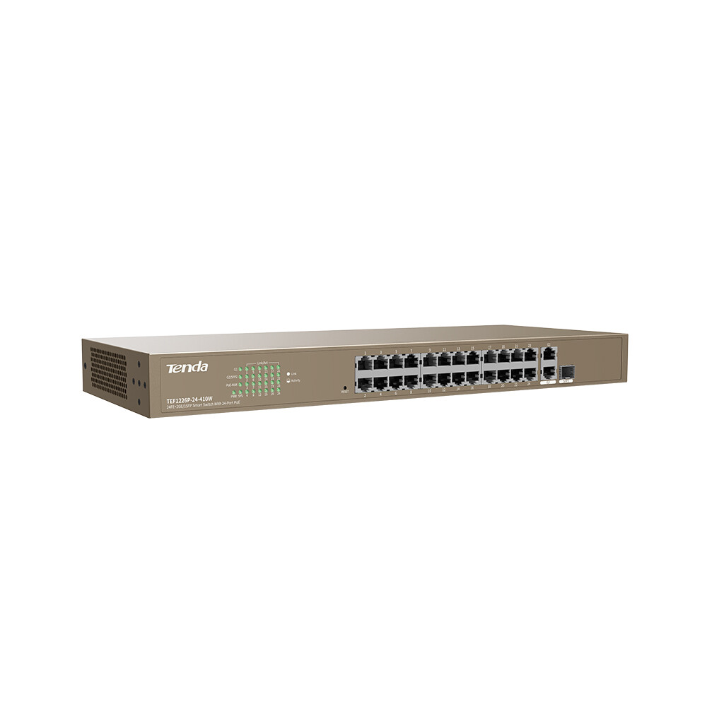 Tenda TEF1126P-24-250W – Switch PoE 24 Cổng với 2 Cổng Uplink Gigabit và 1 Khe Cắm SFP